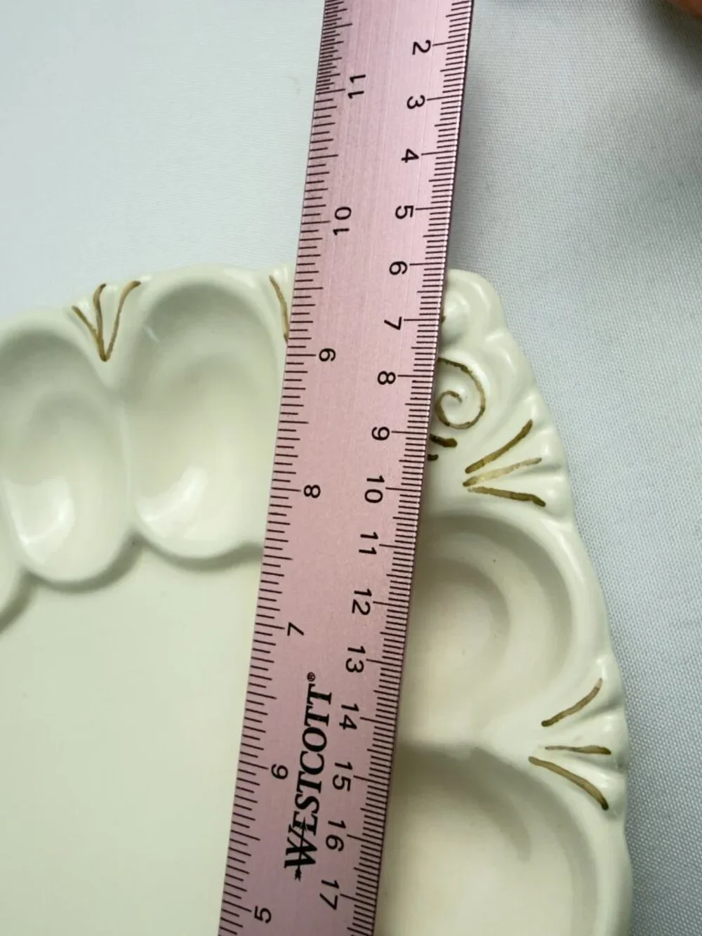Ceramic Vintage Deviled Egg Plate 12 Well Gold Accents Scalloped Rim 10